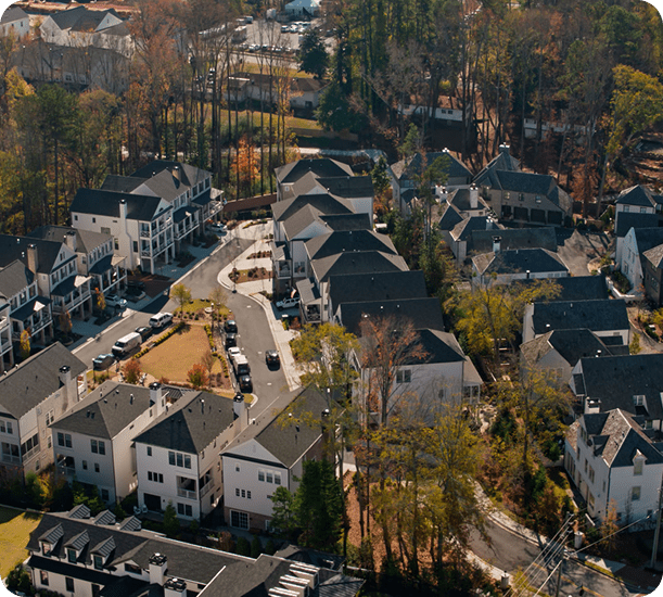 Suburban homes surrounded by greenery