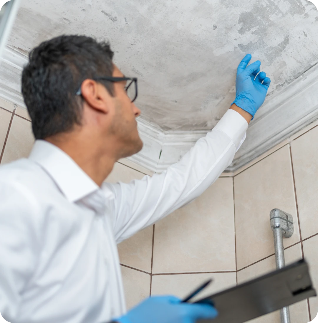 Inspector examining mold on bathroom ceiling