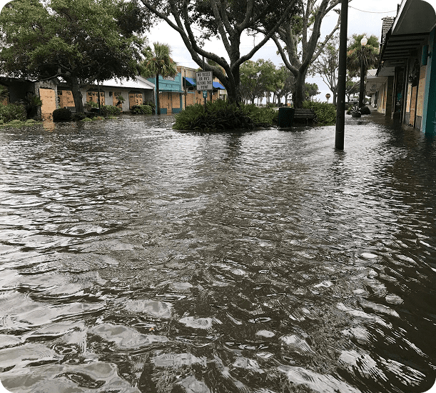 Flooded street with shops and trees