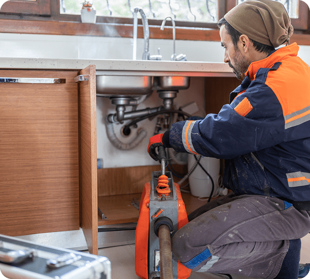 Man fixing kitchen plumbing issue